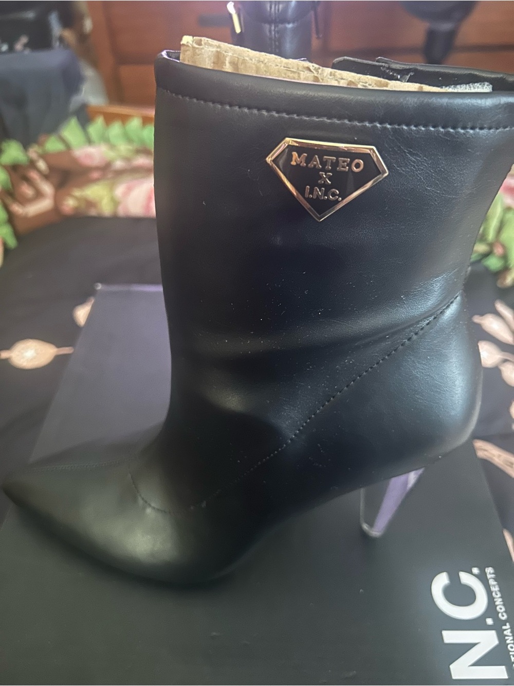 INC International Concepts Black Pointed Leather Ankle Booties with Gold Logo